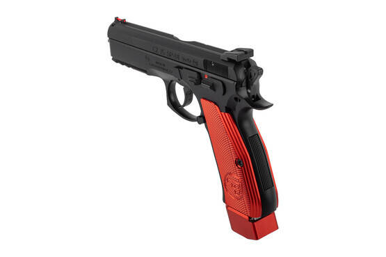 CZ-USA 75 SP-01 Competition 9mm Pistol with red aluminum grips features a steel frame
